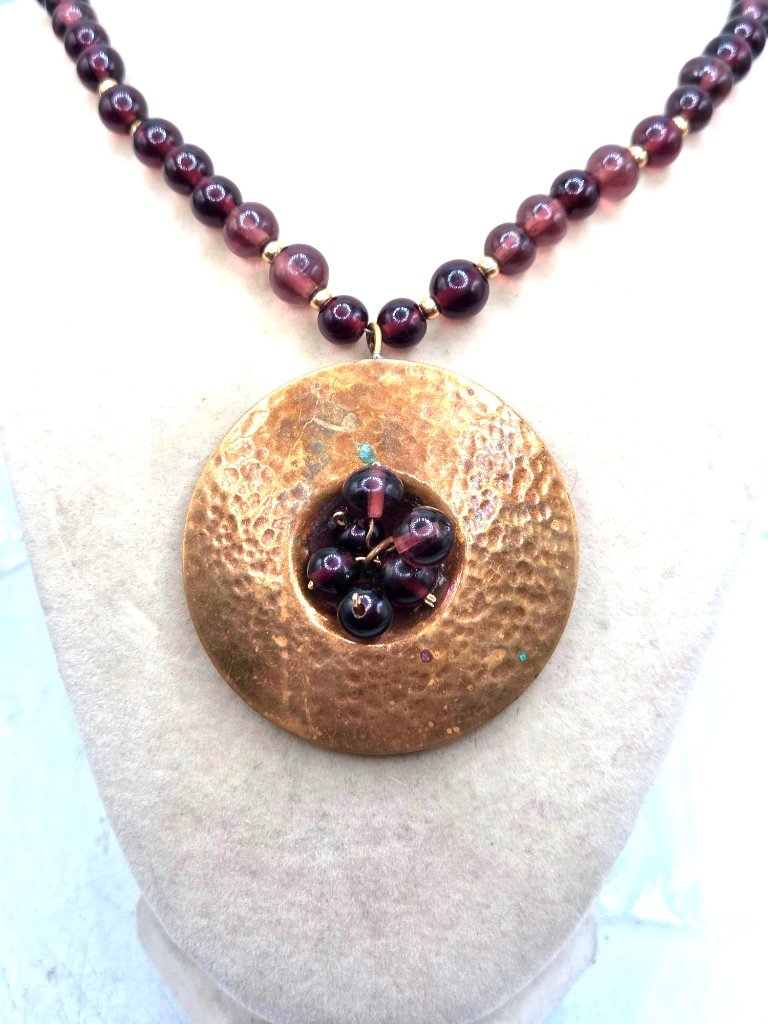 Vintage Amethyst Bead Necklace With Hammered Copper Pendant